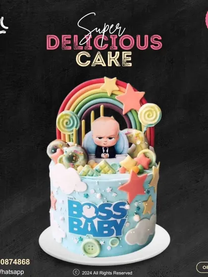 The Boss Baby is in charge of this celebration! This colorful cake is topped with the Boss Baby himself, a rainbow, lollipops, and stars, creating a fun and playful design for a little one's birthday.