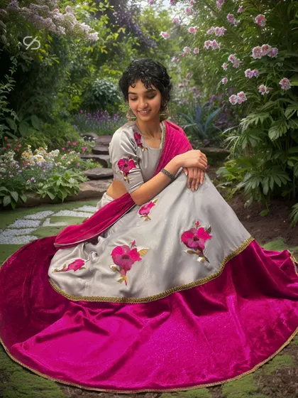 Radiant in every stitch, this exquisite grey and magenta lehenga whispers tales of elegance and grace. The velvet border and floral appliqué make it perfect for a bridesmaid.