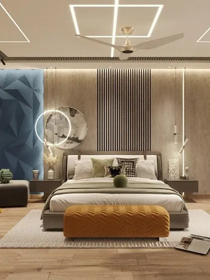 A kids' room doesn't always have to be pink. This modern design uses a neutral palette with pops of blue and yellow, a 3D wall panel, and a sleek study area to reflect the passion and personality of the child.