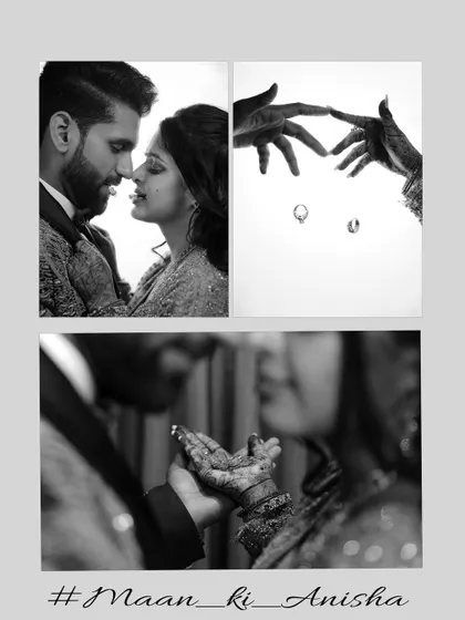 A creative black and white collage capturing the moment of the ring exchange and the couple's intimate connection.