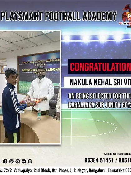 A huge congratulations to Nakula Nehal Sri Vittal on being selected for the Karnataka Sub-Junior Boys Team. His dedication and hard work have paid off.