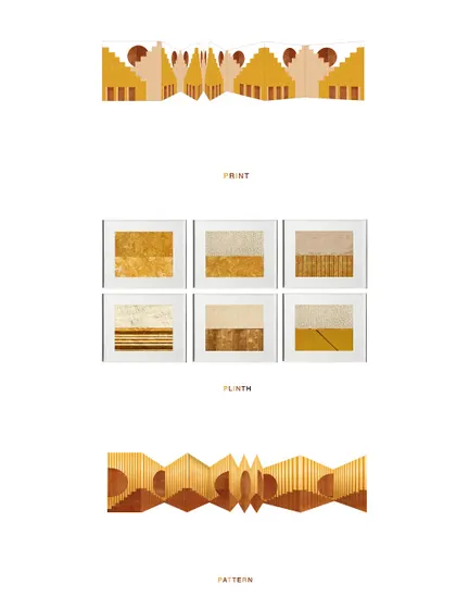 This image shows the pattern studies for the Stone Print Villa facade, breaking down the design into its core elements of front elevation, plinth texture, and repeating patterns.