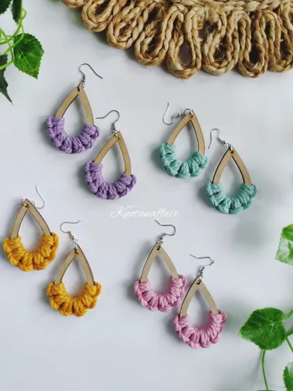 Are you bored of your regular earrings? These pretty macrame earrings on a wooden teardrop base are a perfect, affordable accessory to add to your collection.