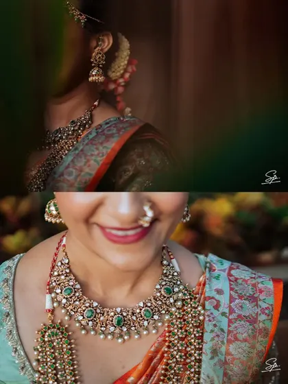 Close-up shots that celebrate the details: the intricate necklace, the gentle smile, and the traditional nose ring.