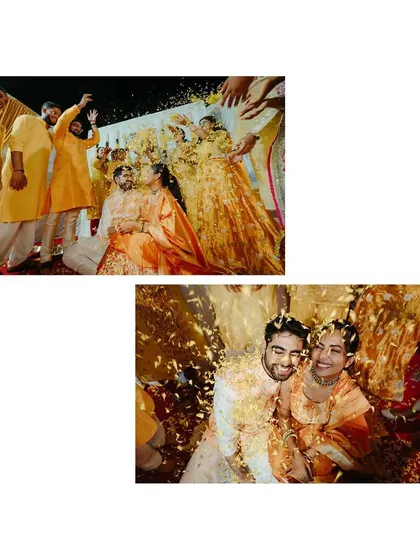 A shower of flower petals for the happy couple during their Haldi, creating a vibrant and celebratory image.