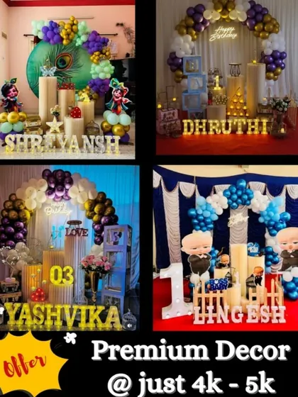 Our premium decor packages, starting from 4k to 5.5k, offer more elaborate themed setups. This collage showcases examples like the Krishna and Boss Baby themes, providing great value for a stunning party.