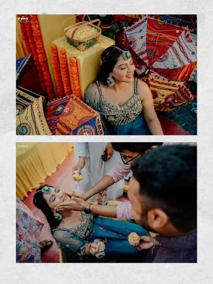 A collage showing the bride, Saloni, during her Haldi ceremony. From sitting patiently to getting playfully smeared with haldi, it captures the fun and traditional aspects of the ritual.