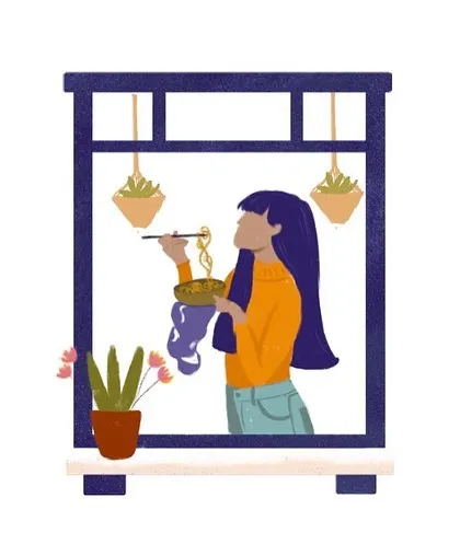A snapshot of someone enjoying a meal. My character illustrations can capture everyday activities, turning them into a unique and personal piece of art that reflects your life and style.