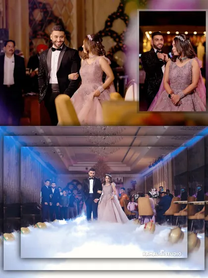 A series of images from a Chandigarh engagement, showcasing the couple's grand entry, portraits, and moments with friends.