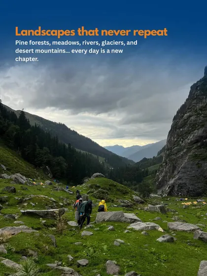 On the Hampta Pass trek, the landscapes never repeat. Every day is a new chapter with pine forests, meadows, rivers, and glaciers.