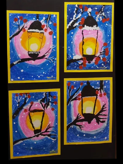 Bask in the warmth of these beautiful snowy winter lanterns. This mixed-media art by my 5 to 7-year-old students combines oil pastels and paint.
