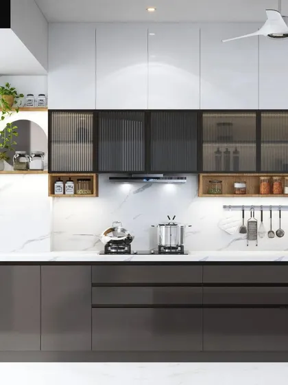 A closer look at the parallel kitchen's cooking zone, featuring sleek dark gray cabinets, a white marble backsplash, and integrated open shelving for easy access to spices.