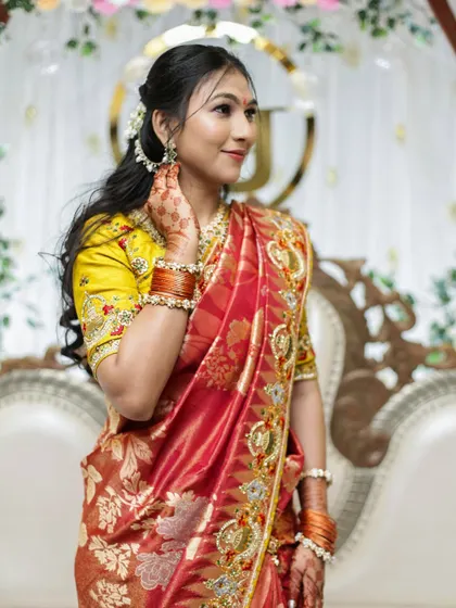 A beautiful solo portrait of the bride on her engagement day, showcasing her traditional attire.