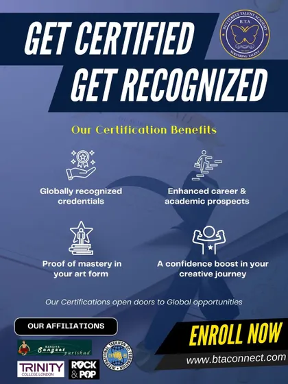 We offer pathways to globally recognized certifications through our affiliations with institutions like Trinity College London. These credentials validate our students' mastery and open doors to higher education and professional opportunities in the arts.