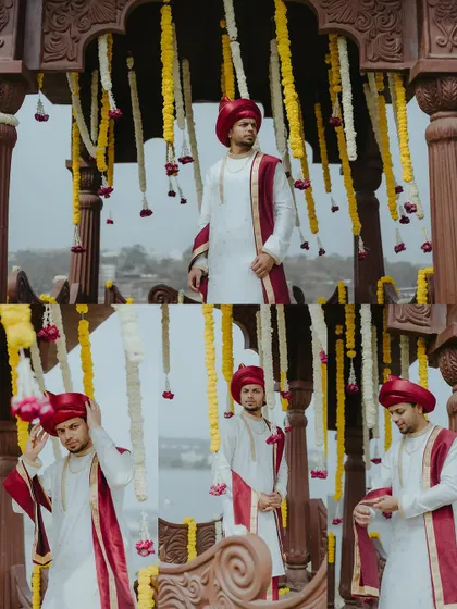 A series of portraits of the groom in his traditional Maharashtrian wedding attire, standing under a beautifully decorated mandap.