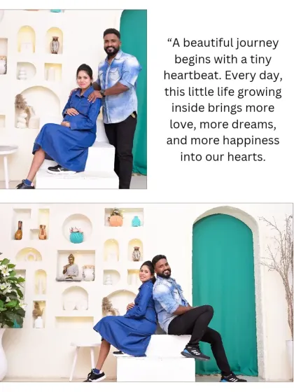 This graphic combines two photos from a modern denim-themed shoot with a beautiful quote. It captures both a seated and a back-to-back pose, showcasing the couple's connection.