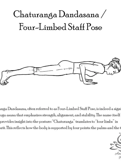 Chaturanga Dandasana (Four-Limbed Staff Pose) is a foundational strength-building pose that tones the arms, wrists, and abdominal muscles.