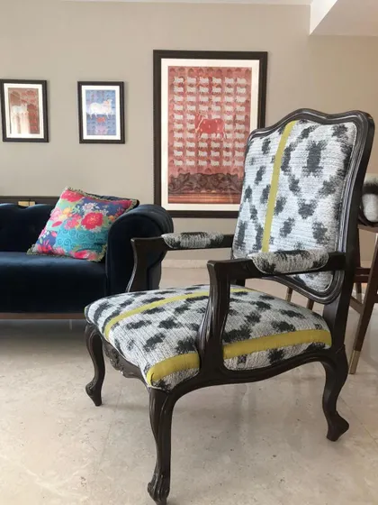 A design-focused shot showing how my Pichwai art print complements the interior decor. The colors in the artwork echo the tones of the furniture, creating a cohesive and elegant space.