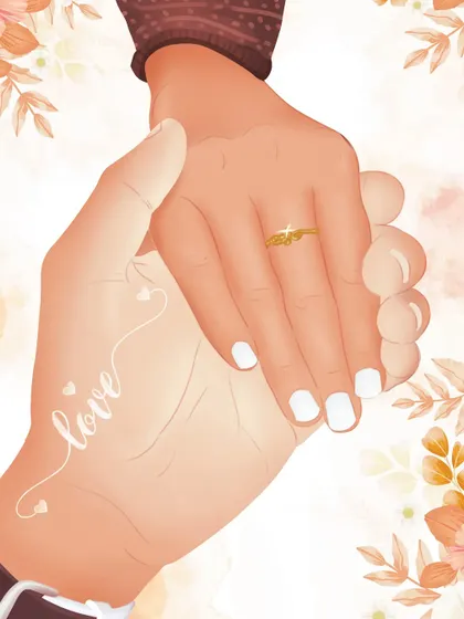 A close-up illustration focusing on the engagement ring and holding hands. This detailed and symbolic artwork is a beautiful way to announce an engagement.