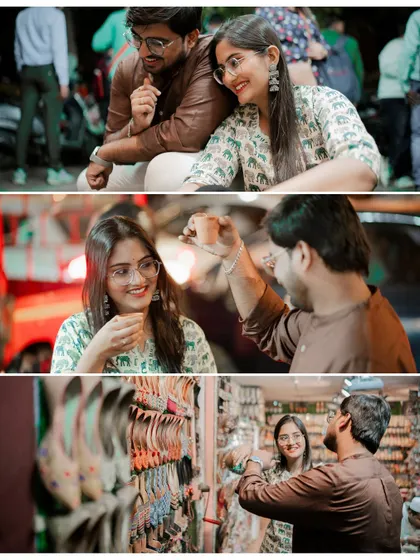 More moments from Gaurav and Priya's market shoot, capturing their playful interactions while shopping for bangles and enjoying the lively atmosphere.