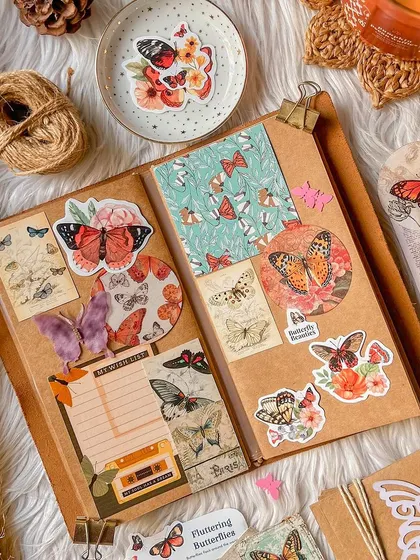 A beautiful journal spread created using the "Fluttering Butterflies" journaling kit. This kit is perfect for creating delicate and whimsical pages.