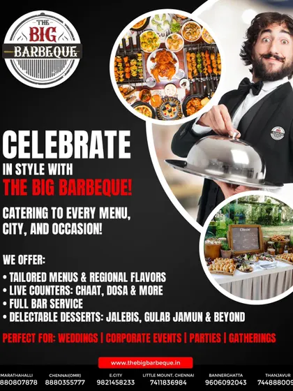 We cater to every menu, city, and occasion. This ad details our offerings, including tailored menus, live counters, and full bar service, making us the perfect choice for any event.