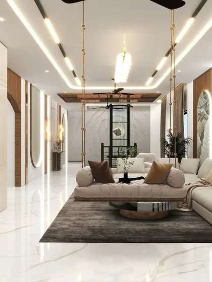 A wide-angle 3D render of a luxurious, open-plan living room. The design includes a long, suspended ceiling light feature, a comfortable sectional, and a hanging sofa, creating a truly unique space.