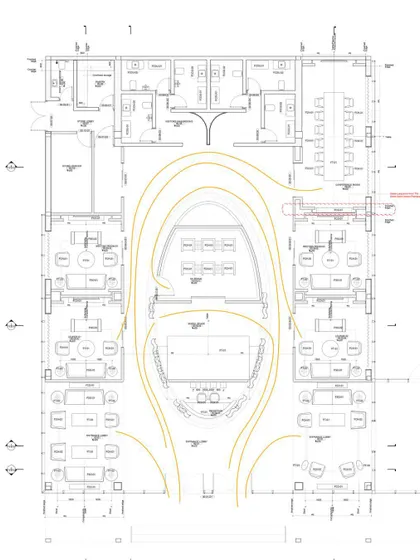 A floor plan of the Godrej South Estate Experience Centre, with yellow lines indicating the intended visitor flow. This illustrates the strategic thinking behind the spatial narrative, designed for an engaging experience.