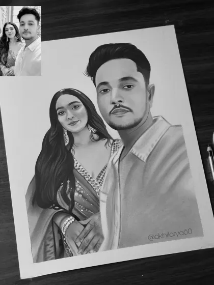 This A3 size graphite and charcoal sketch has a modern, stylish feel. I focused on creating smooth shading on their faces and capturing the details of their outfits to produce a sharp, contemporary portrait.