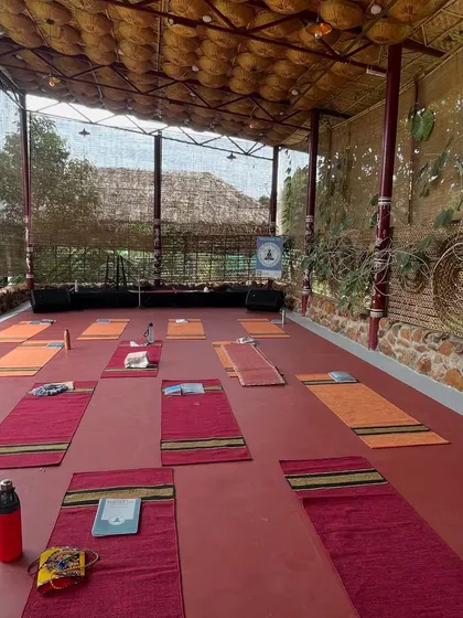 The beautiful, serene space at NeeRav Arts Village, set up for a Yoga and Sound wellness retreat. This is an invitation to begin the new year by gifting yourself a transformative experience.
