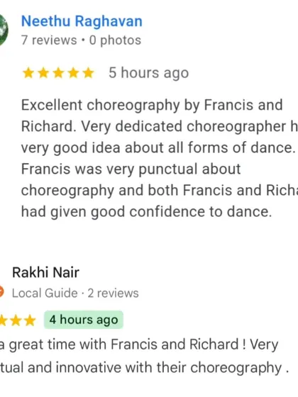 Our clients' feedback says it all. We are dedicated to providing excellent, punctual, and confidence-boosting choreography that makes everyone feel like a dancer.