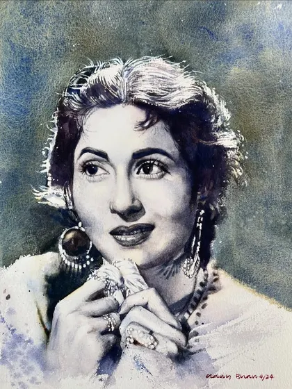 A monochrome watercolor portrait of the iconic actress Madhubala. This piece was part of a course announcement, showcasing the classic subjects we study.