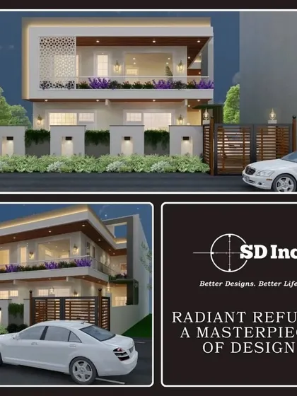A design collage for a "Radiant Refuge" project, showing the home's exterior at night. I place special emphasis on lighting design to accentuate architectural features and create a warm, inviting ambiance.