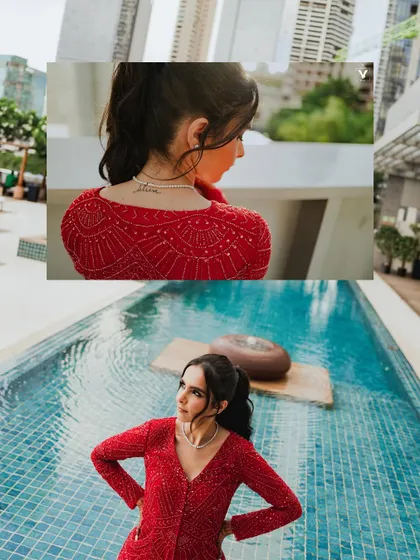 A two-panel collage focusing on the bride's modern red outfit, showing details like her tattoo and her confident pose by the pool against a city backdrop.