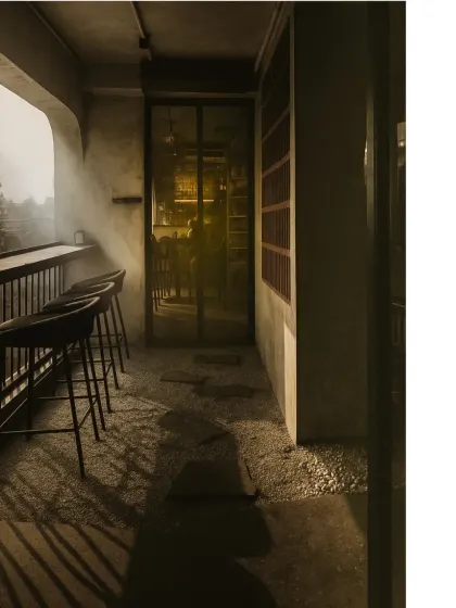 Even transitional spaces can be beautiful. This covered walkway features simple bar seating, allowing guests to enjoy a moment of quiet while still feeling connected to the cafe's main area.
