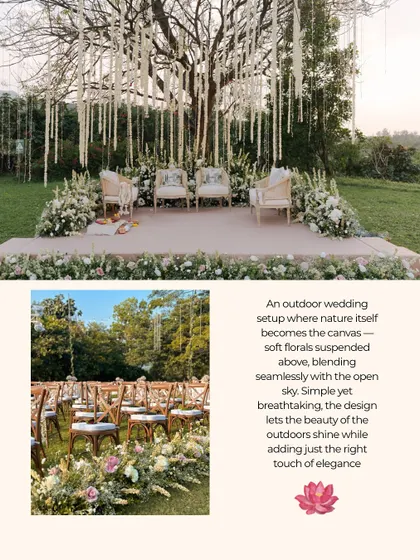 A collage showcasing the key elements of this elegant outdoor wedding. The design features suspended floral strings, classic cross-back chairs, and a clean, minimalist stage to complement the natural setting.