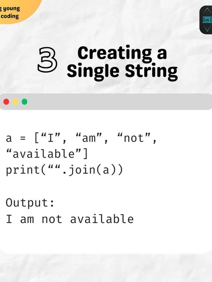Python String Hack 3: Creating a single string from a list of words. The join method is the perfect counterpart to split, allowing you to build sentences efficiently.