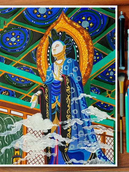A custom A3 size sketch of a Buddhist deity, created with colored pencils for a client in New Delhi. The intricate details in the clothing and the vibrant background showcase a different style of spiritual art I offer.