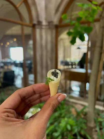A delicate caviar cornet, a signature bite-sized appetizer from our luxury catering menu, held against the backdrop of the stunning Six Senses Fort Barwara.