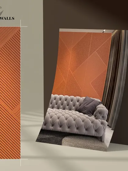 We design textures for your walls to elevate your interiors with style. This panel features intersecting diagonal lines in a rich terracotta color, adding a strong geometric element to the space.