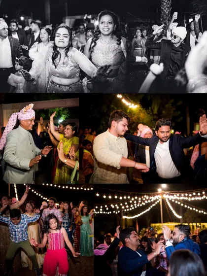 A collage of black and white photos from the dance floor, showing guests of all ages enjoying the celebration. We capture the collective joy of your friends and family.