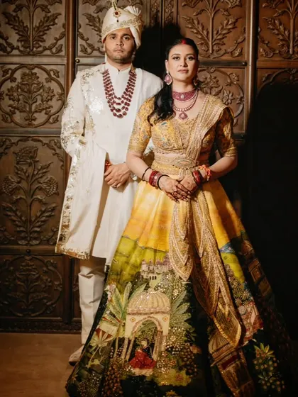 A regal portrait of the couple in their unconventional wedding attire. I love when couples choose outfits that break the mold and reflect their personal style.