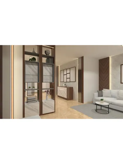 We use partitions to define spaces without closing them off. This custom unit with mirrored and wooden panels acts as a stylish divider between the entryway and the living room.