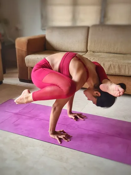 My journey to Eka Pada Sirsa Bakasana, or One-Legged Headstand Crow. It's a reminder that there is always more to learn, which keeps the practice exciting.