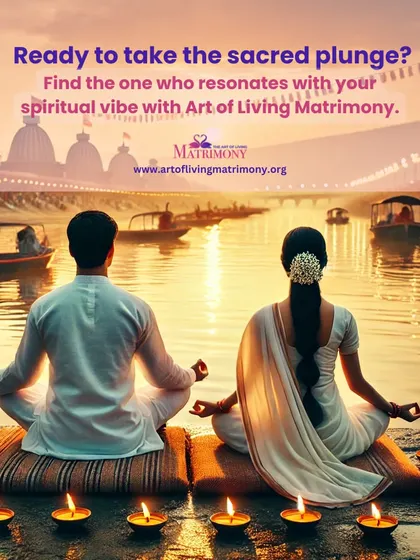 A couple meditates by a serene river with diyas. This image evokes a sense of sacredness and invites you to take the sacred plunge with a partner who resonates with your spiritual vibe.