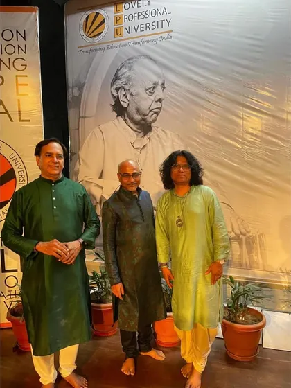 A photo from the Ustad Alla Rakha Sangeet Sammelan in Punjab, where I performed with Sridhar Parthasarthy on mridangam and Nishikant Barodekar on tabla.