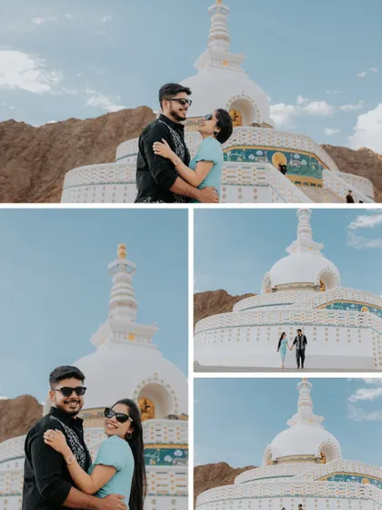 Posing before the magnificent Shanti Stupa in Leh, this collage blends cultural exploration with romantic photography.