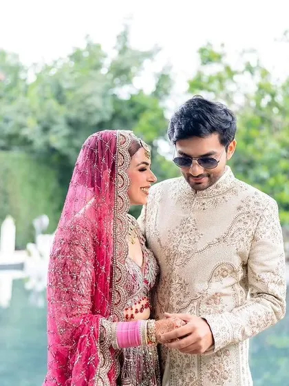 A modern and stylish shot of the bride and groom.