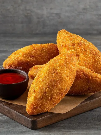 Crispy bread pockets, a fried snack, served with a side of ketchup on a wooden board.