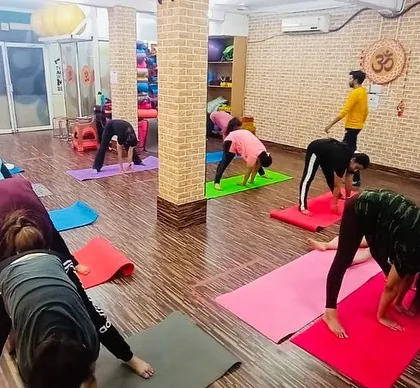 A group of members in a deep forward fold. This stretch is excellent for the hamstrings and releasing tension in the back.